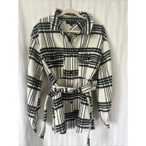 NWT Laundry By Shelli Segal Fleece Coat Large Belted Black Ivory Plaid Ret.$159